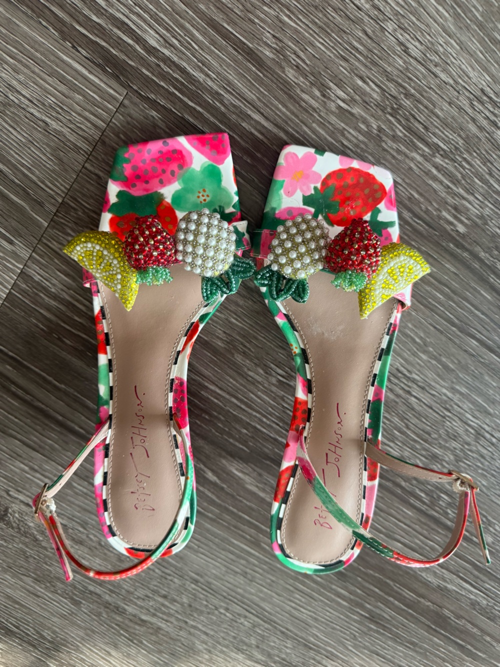 Betsey Johnson Pink & Green Floral Beaded Fruit Sandals